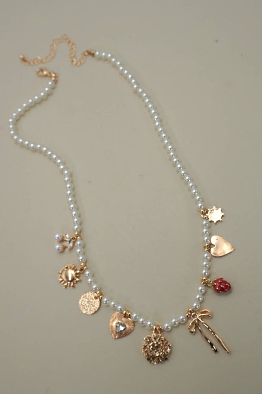 Pearl Beaded Bow Strawberry Cherry Necklace