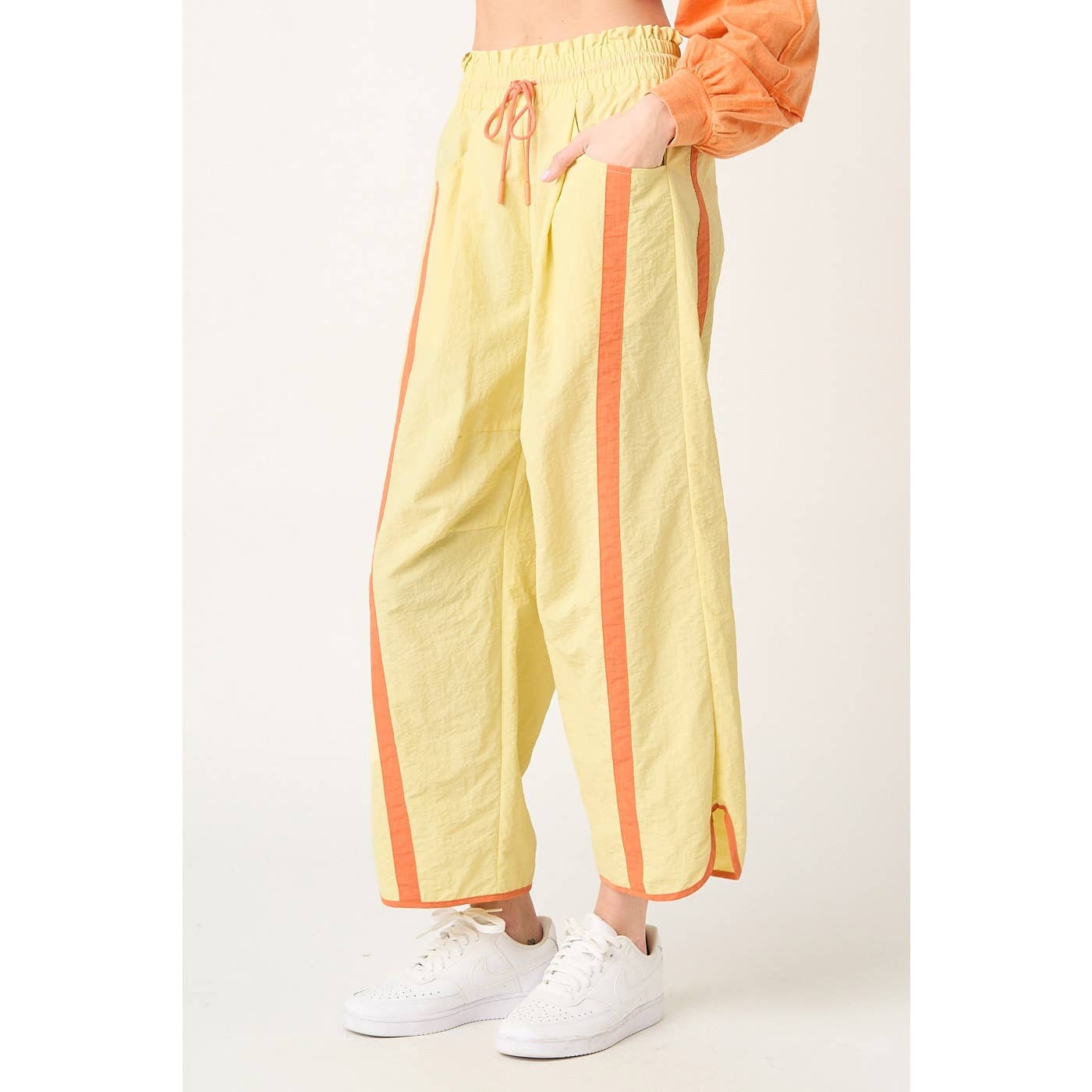 SPORTY STRIPE NYLON PULL ON BARREL LEG PANTS