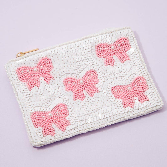 Pink Pearl Bead Ribbon Bow Mixed Beaded Coin Purse
