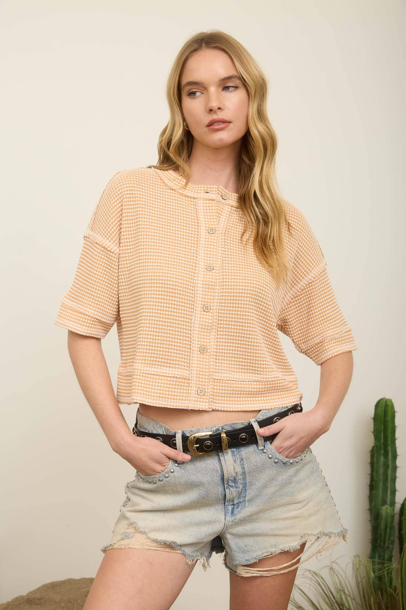 Waffle Knit Button Down Top