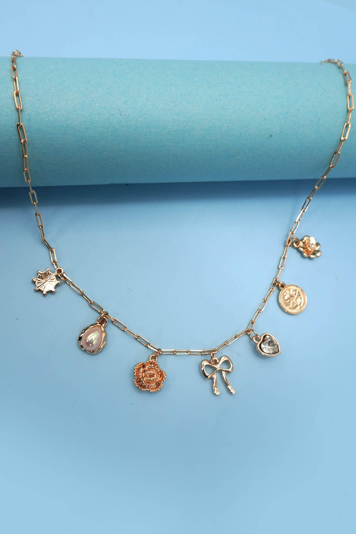 Bow Heart Charm Link Necklace