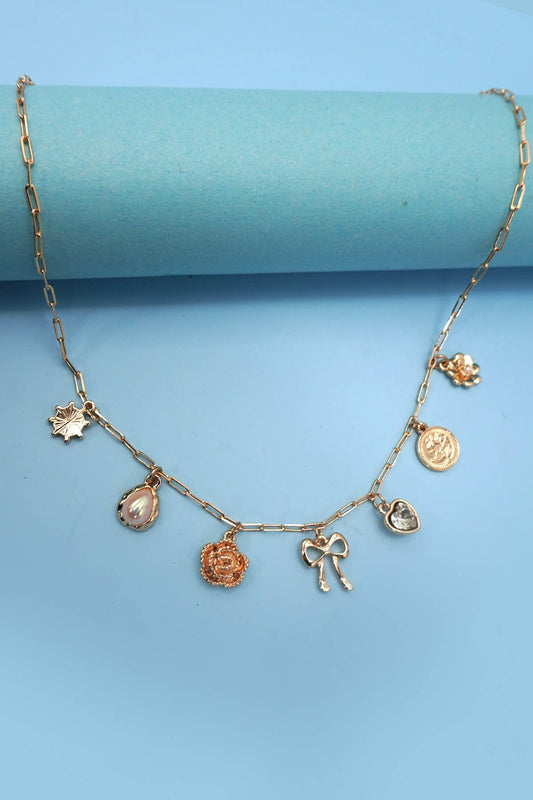 Bow Heart Charm Link Necklace