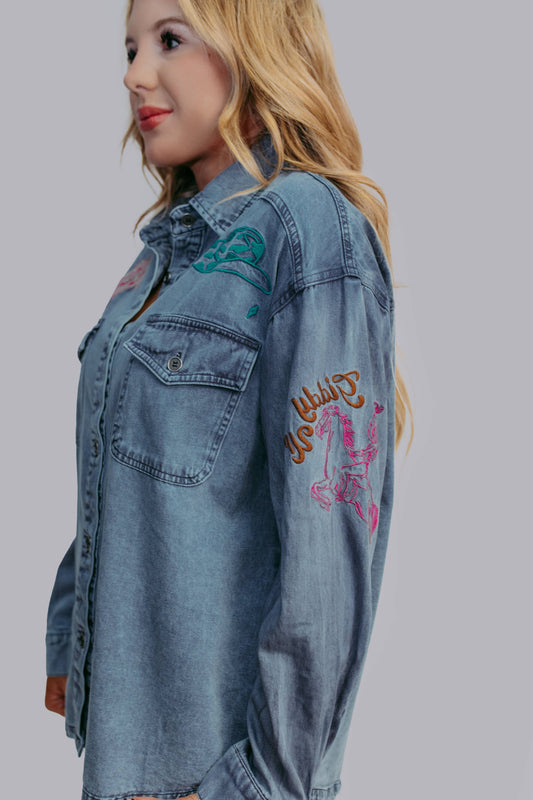 Giddy Up Embroidery Denim Button Up