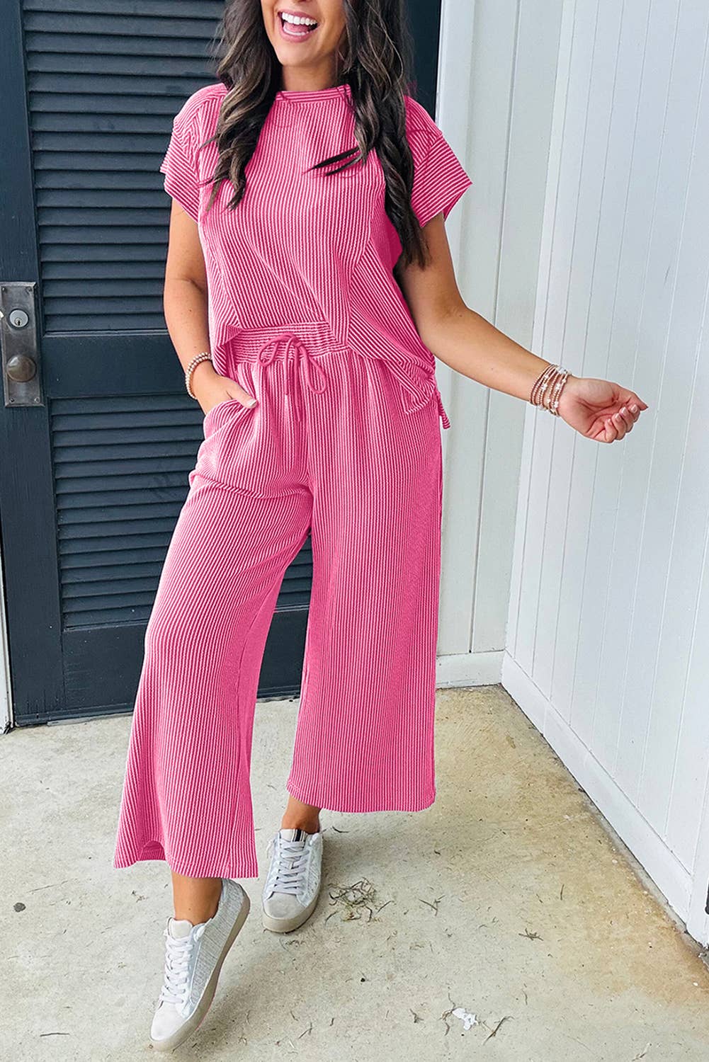Pink Solid Corded Knit Shirt and Wide Leg Pant Set