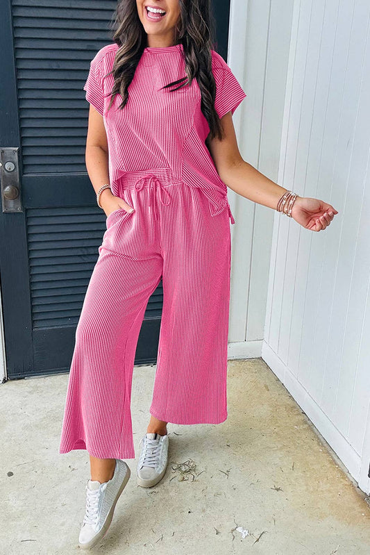 Pink Solid Corded Knit Shirt and Wide Leg Pant Set