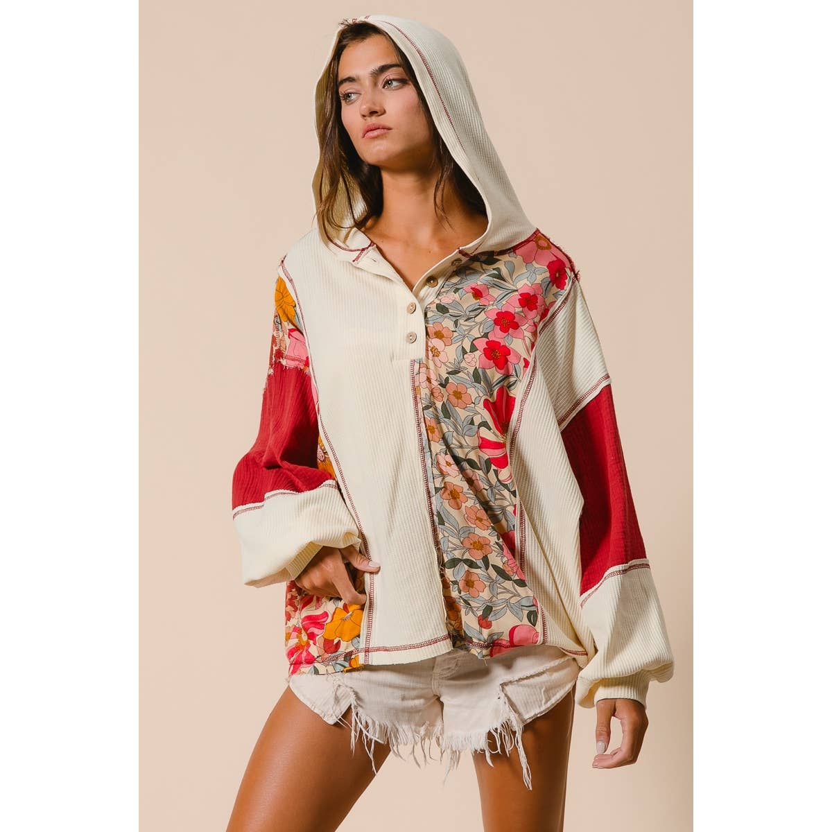 Knit and Print Mixed Hoodie