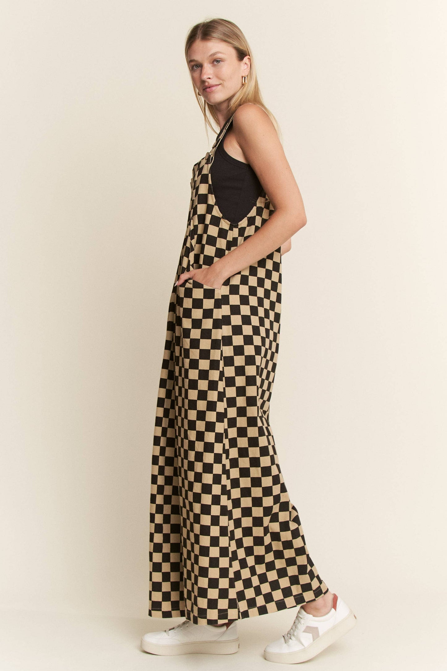 CHECKERED WIDE LEG OVERALLS