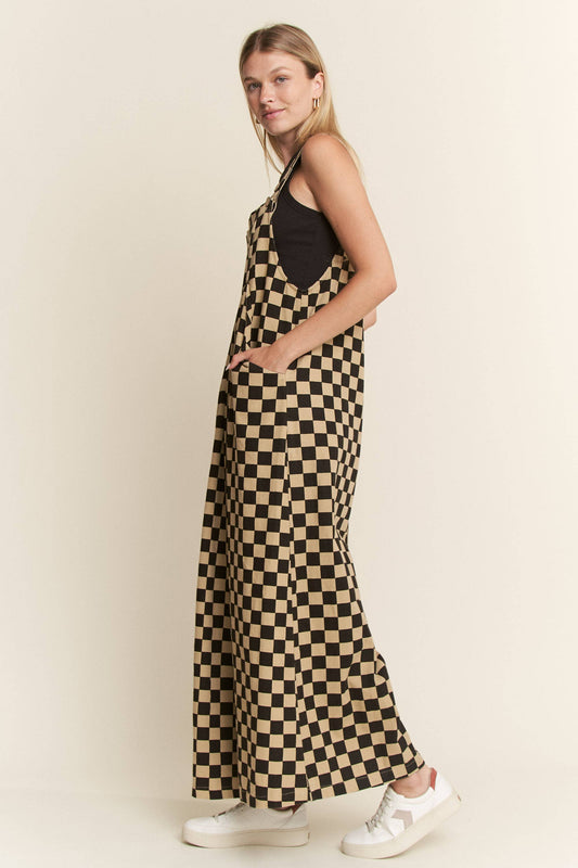 CHECKERED WIDE LEG OVERALLS