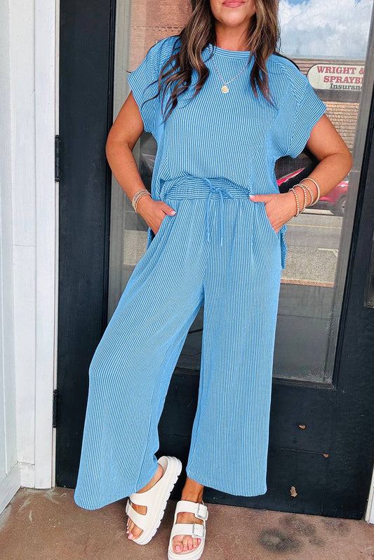 Blue Solid Corded Knit Shirt and Wide Leg Pant Set