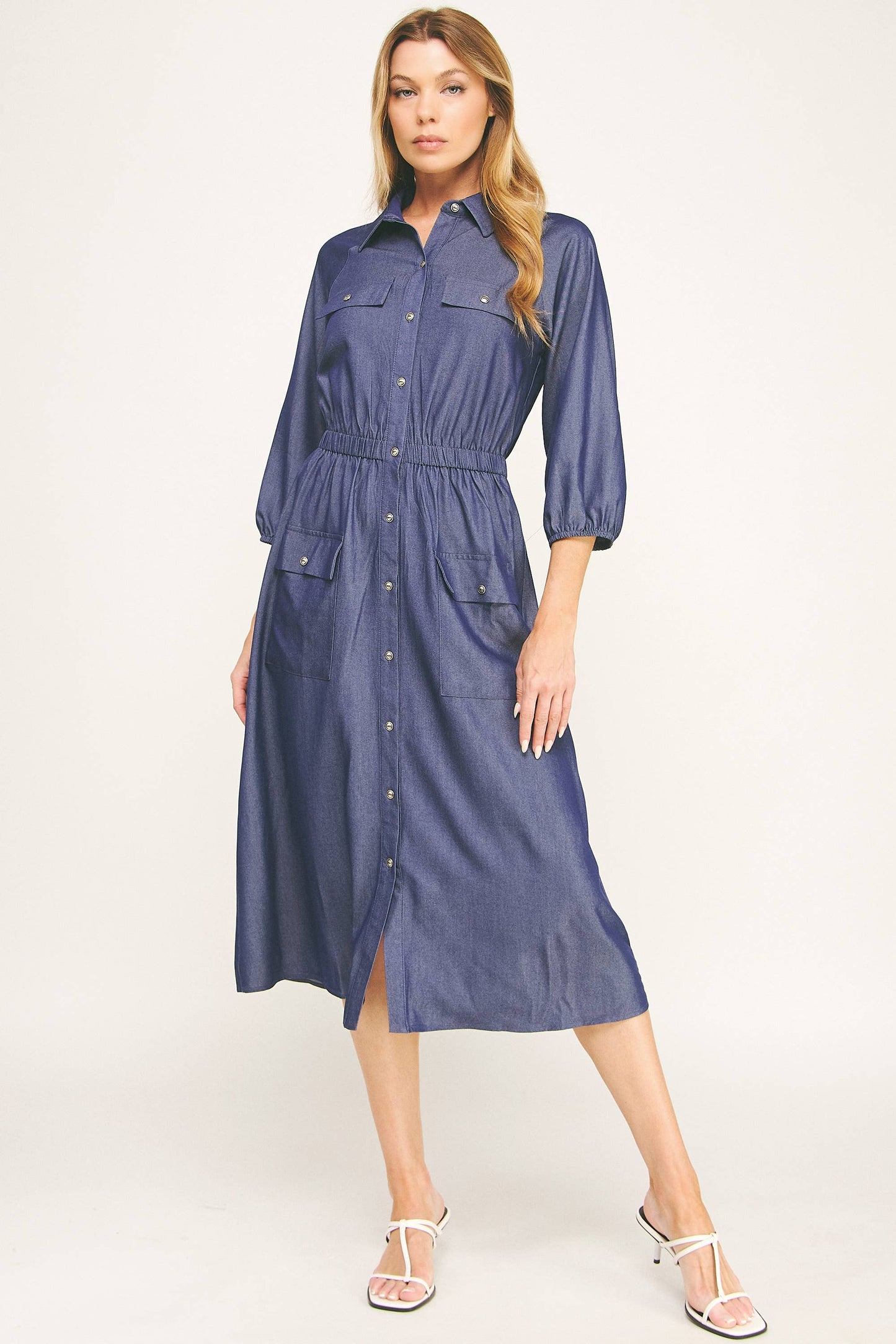 CHLOE CHAMBRAY BUTTON-DOWN MIDI DRESS