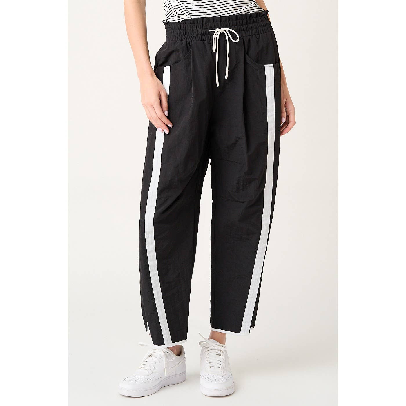 SPORTY STRIPE NYLON PULL ON BARREL LEG PANTS