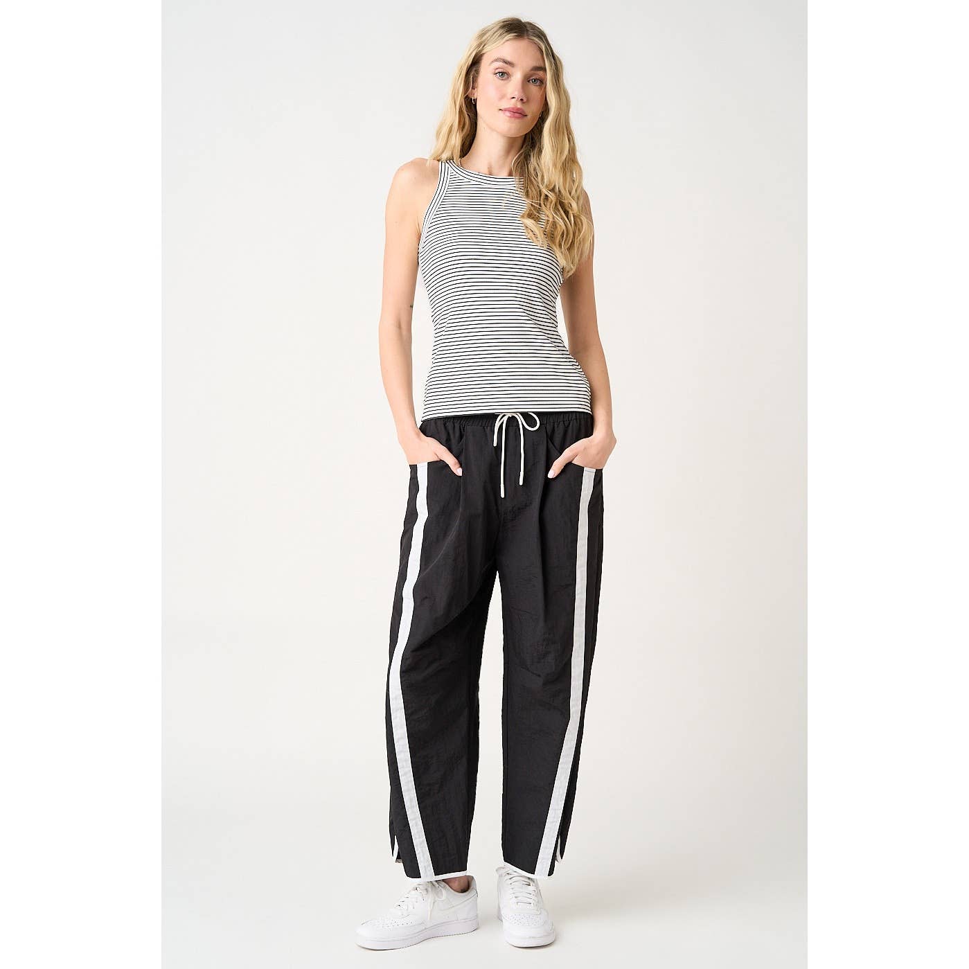 SPORTY STRIPE NYLON PULL ON BARREL LEG PANTS