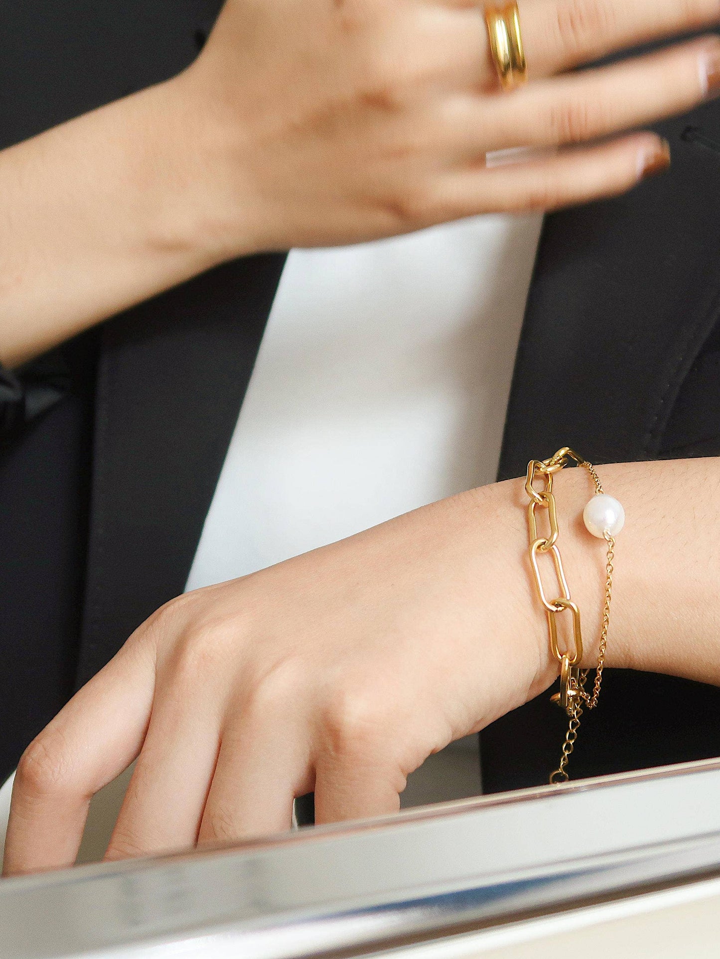 Aether Gold Stacked Chain Pearl Bracelet