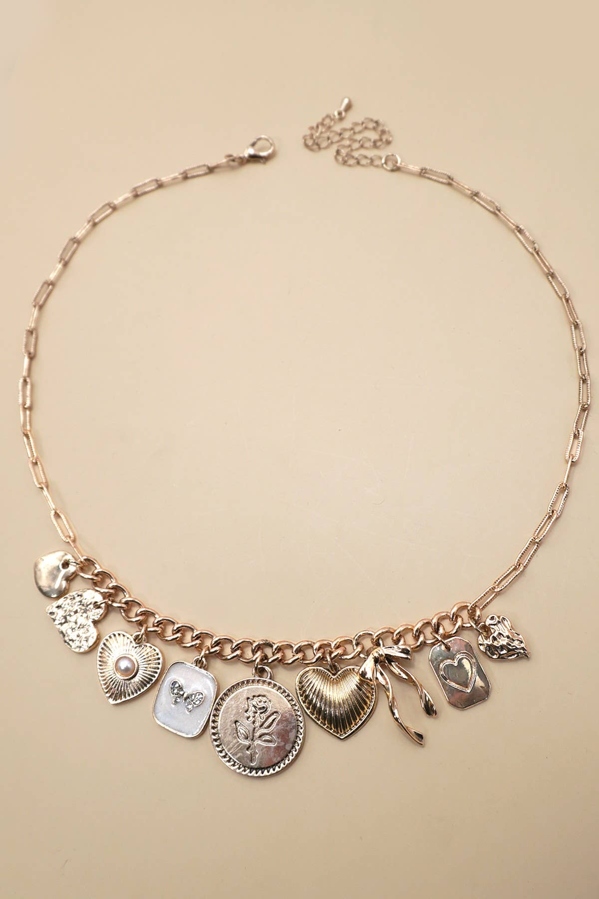 Custer Bow Heart Pearl Link Necklace