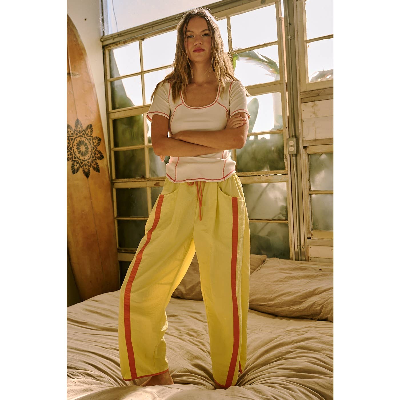 SPORTY STRIPE NYLON PULL ON BARREL LEG PANTS