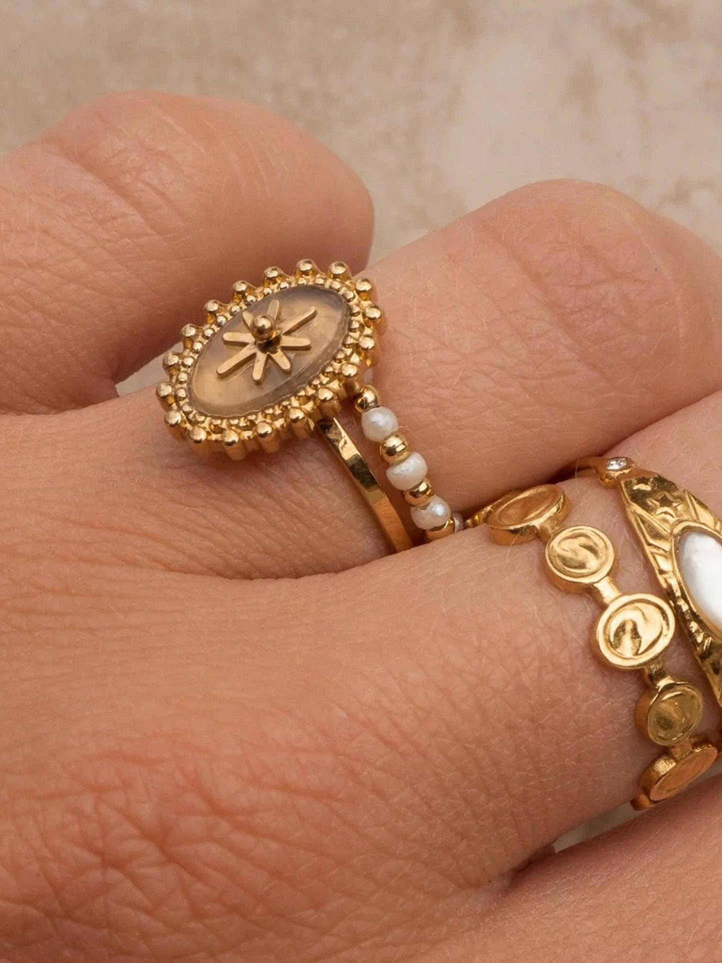 Gold Adjustable Round Stone Ring