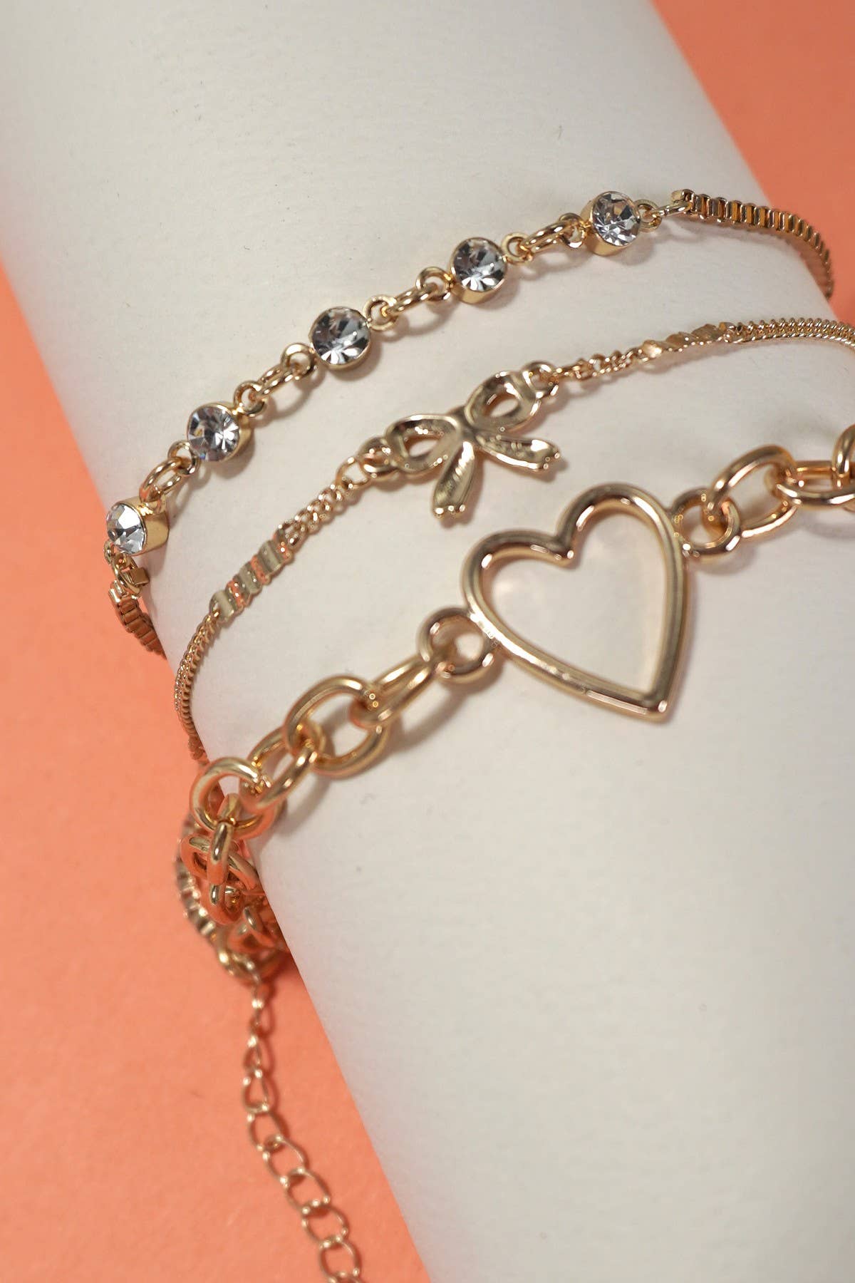 Multi-Layer Bow Heart Station Rhinestone Bracelet