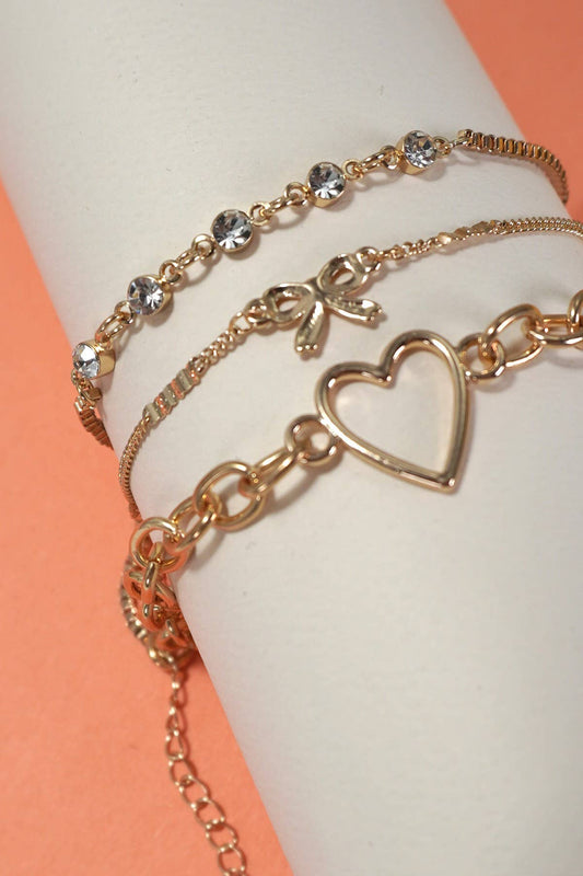 Multi-Layer Bow Heart Station Rhinestone Bracelet