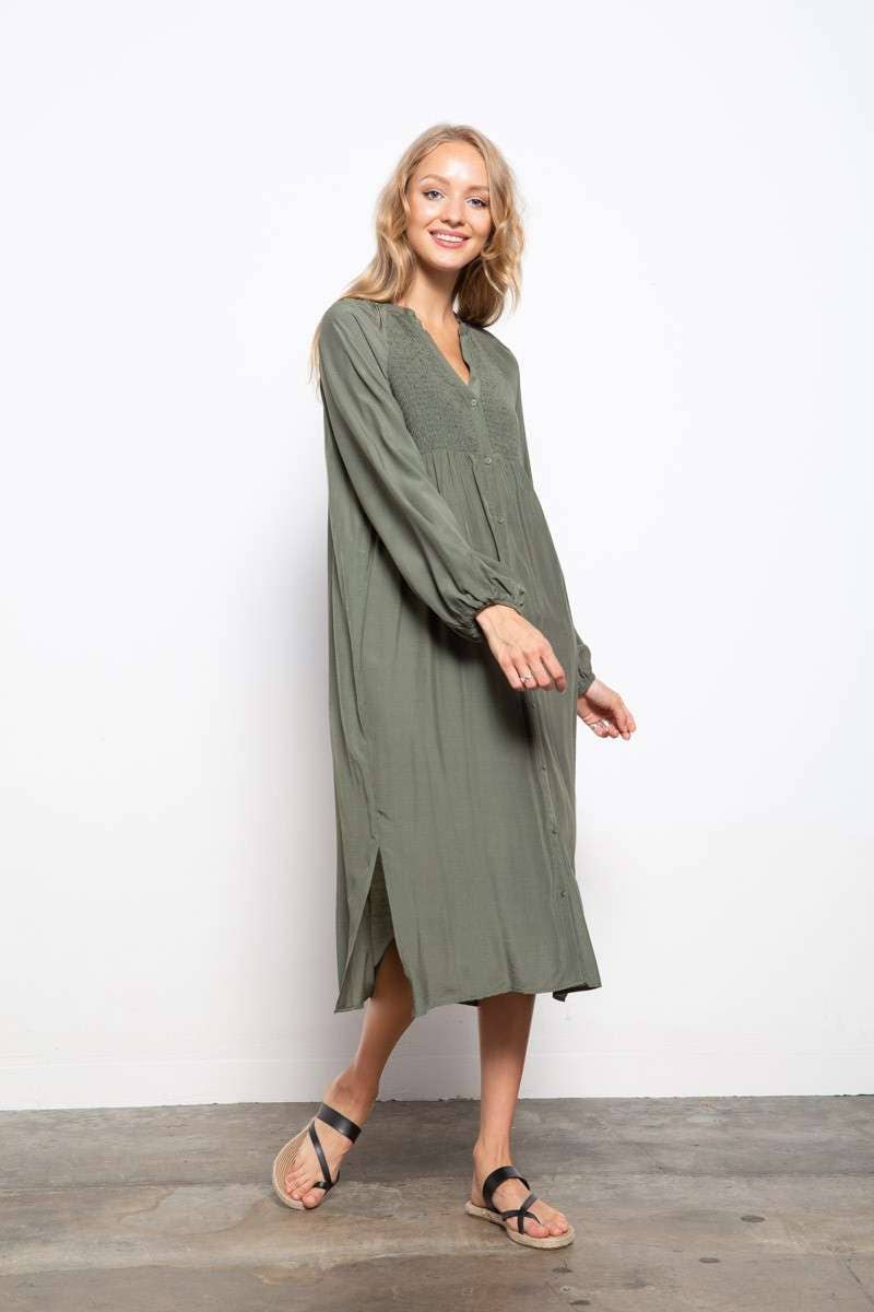 Smocking Olive Green Dress
