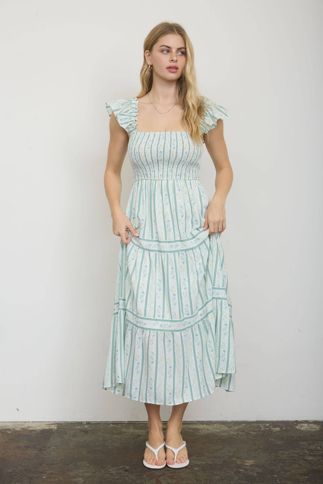 Stripe Floral Pattern Smocked Tiered Mini Dress