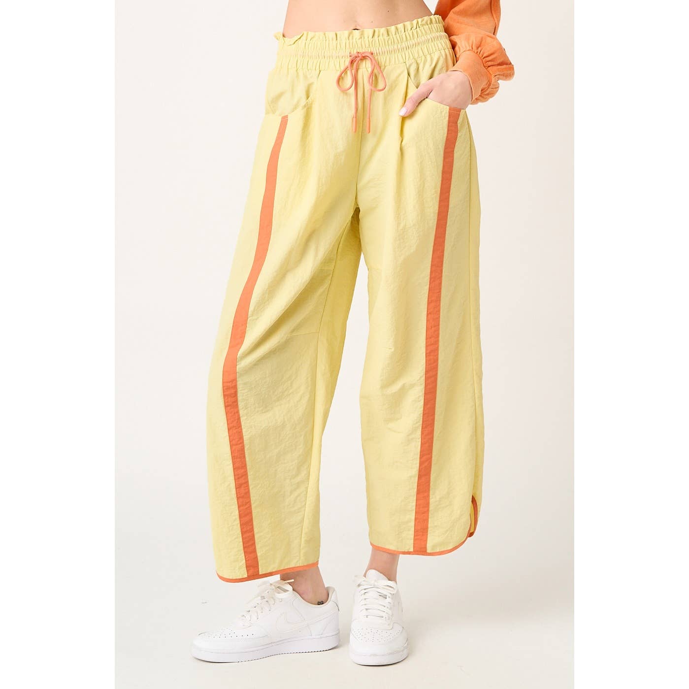 SPORTY STRIPE NYLON PULL ON BARREL LEG PANTS