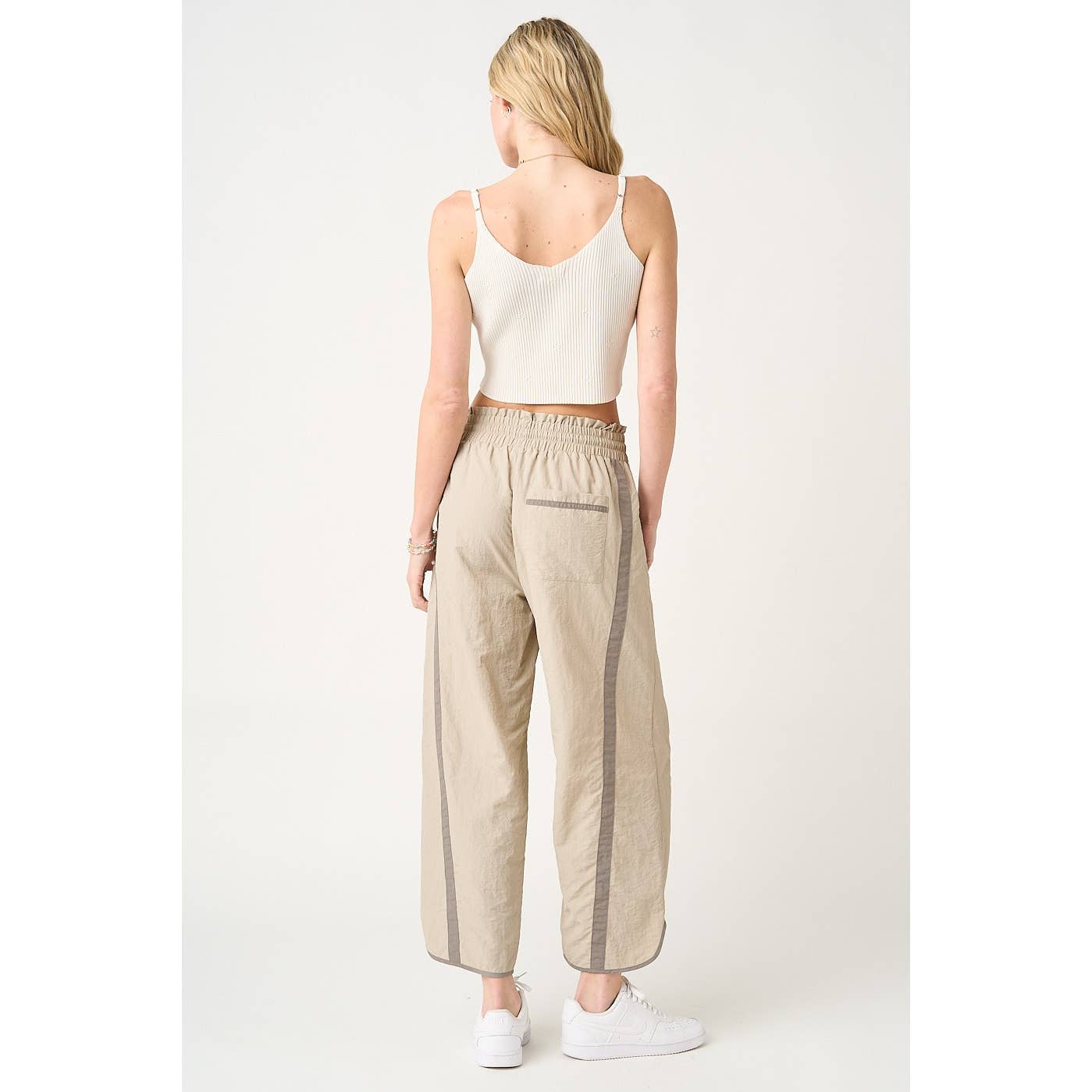 SPORTY STRIPE NYLON PULL ON BARREL LEG PANTS