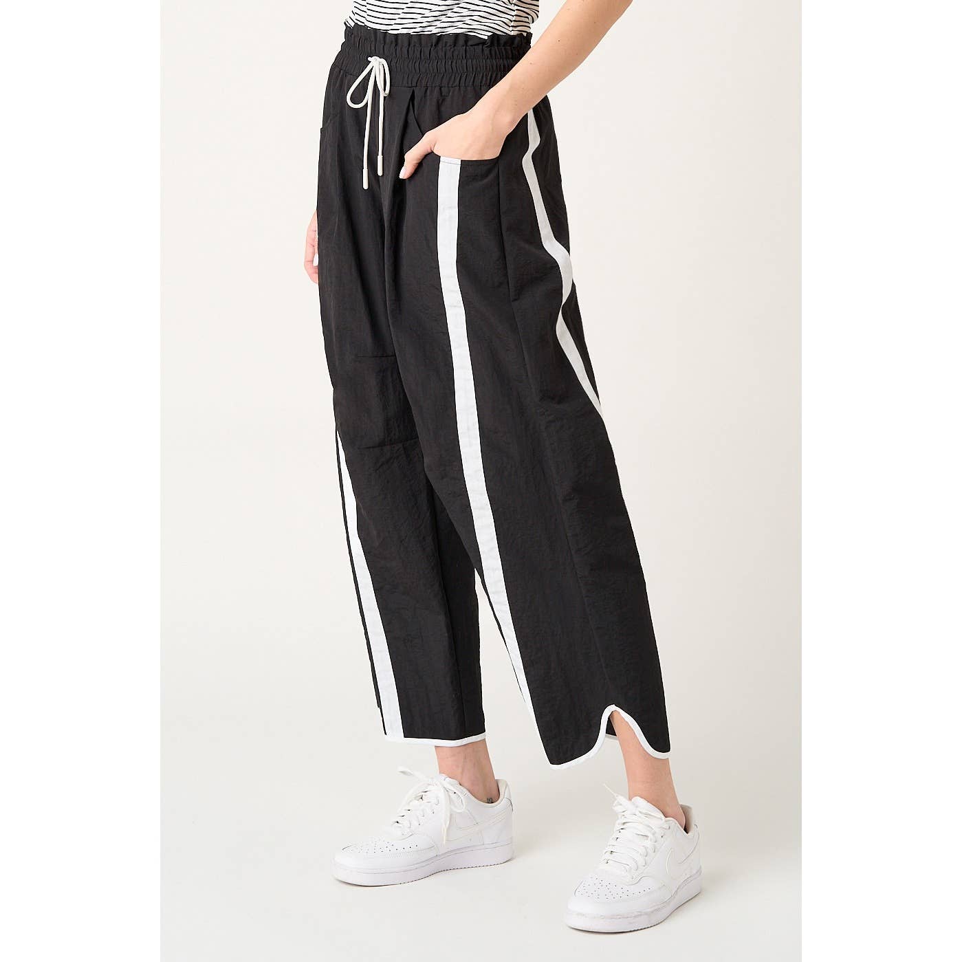 SPORTY STRIPE NYLON PULL ON BARREL LEG PANTS