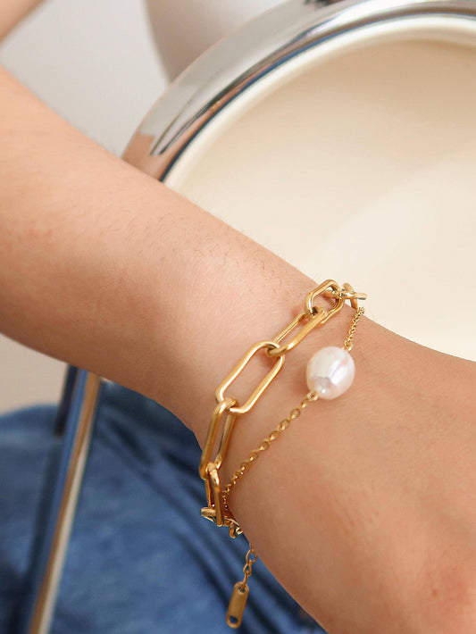 Aether Gold Stacked Chain Pearl Bracelet