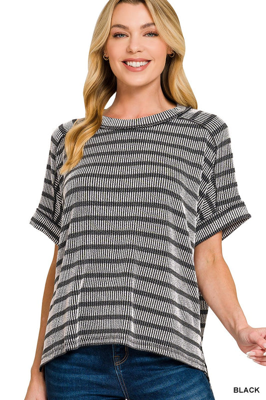 Raised Rib Striped Exposed Seam Top