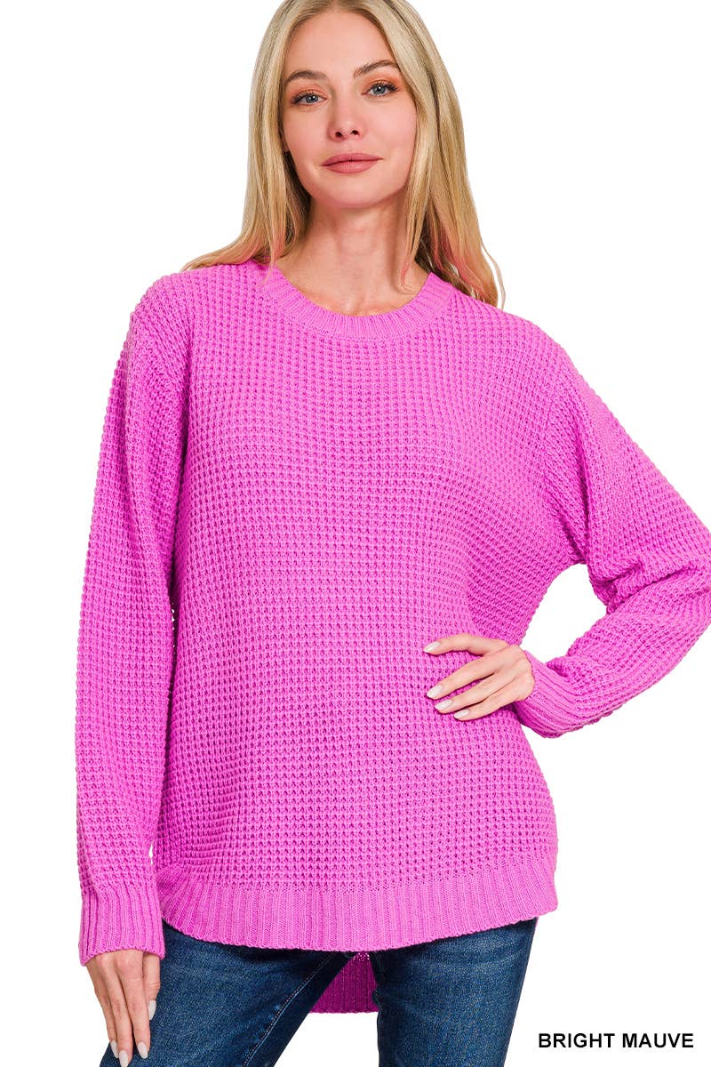 Hi-low Long Sleeve Round Neck Waffle Sweater Bright Mauve