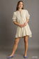 Split Neck Ruffle Short Dress with Short Puff Sleeves & Back Tiered
