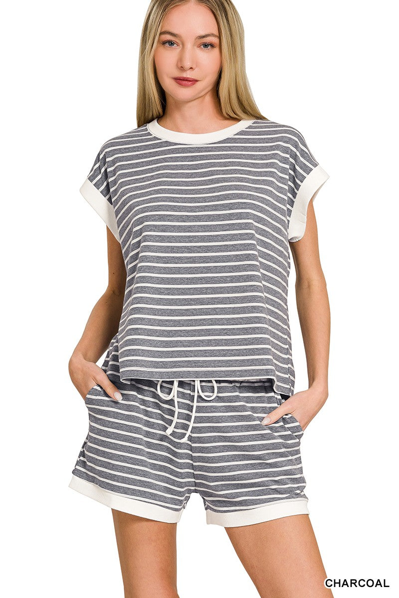 Stripe Contrast Trim Top & Shorts Set