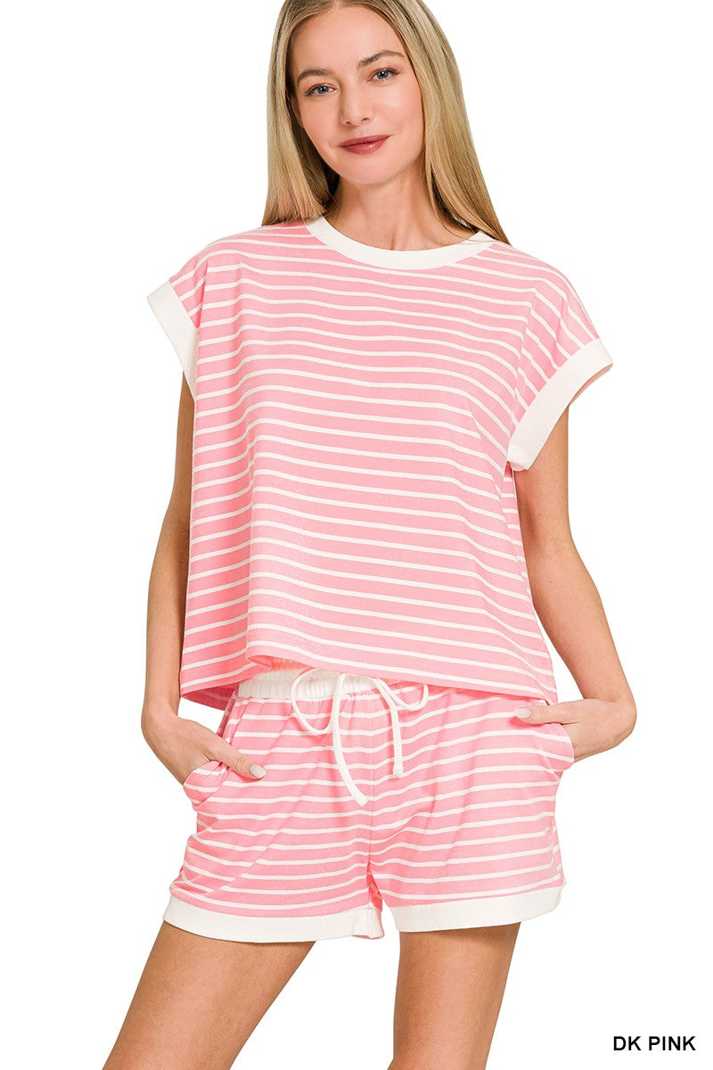 Stripe Contrast Trim Top & Shorts Set