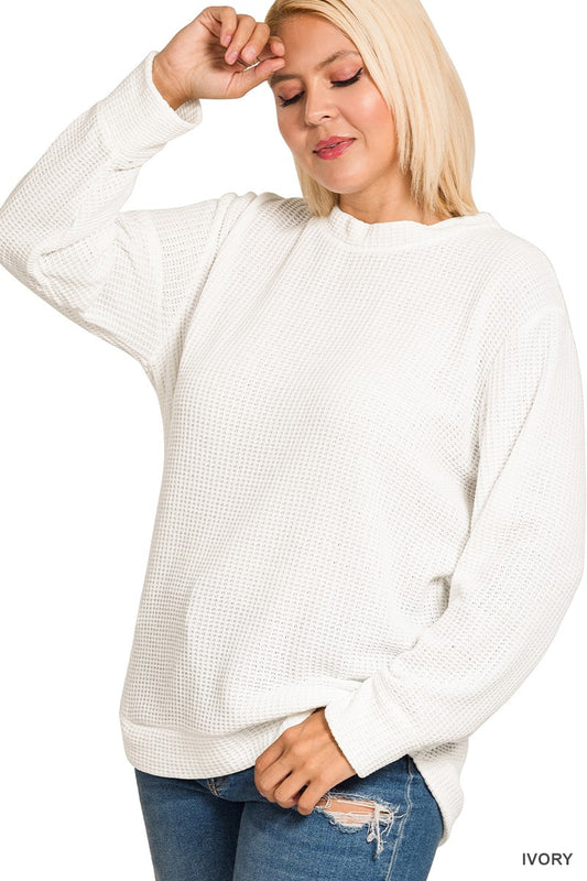 Chenille Waffle Round Neck Sweater-Ivory