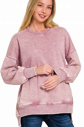 Acid Wash Fleece Hi-low Hem Pullover Light Rose