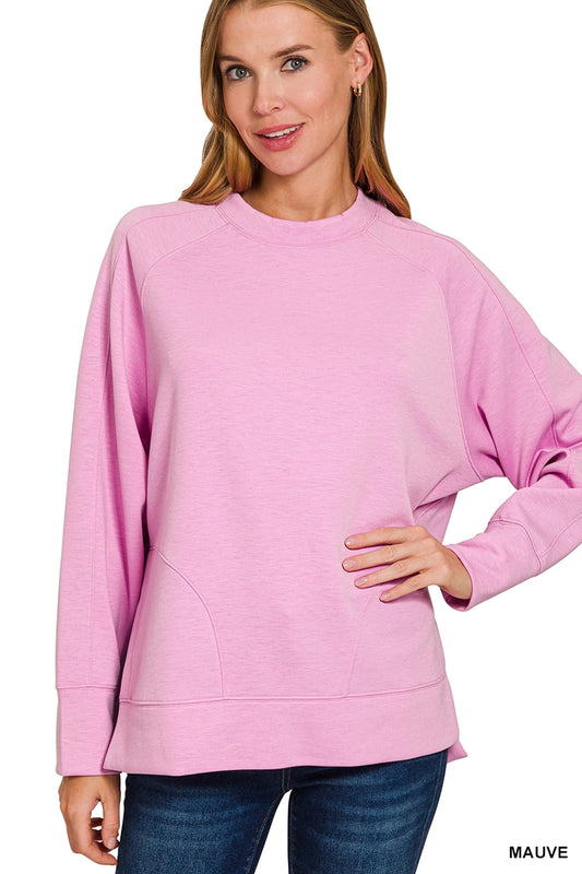 Scuba Round Neck Pullover With Side Slits Mauve