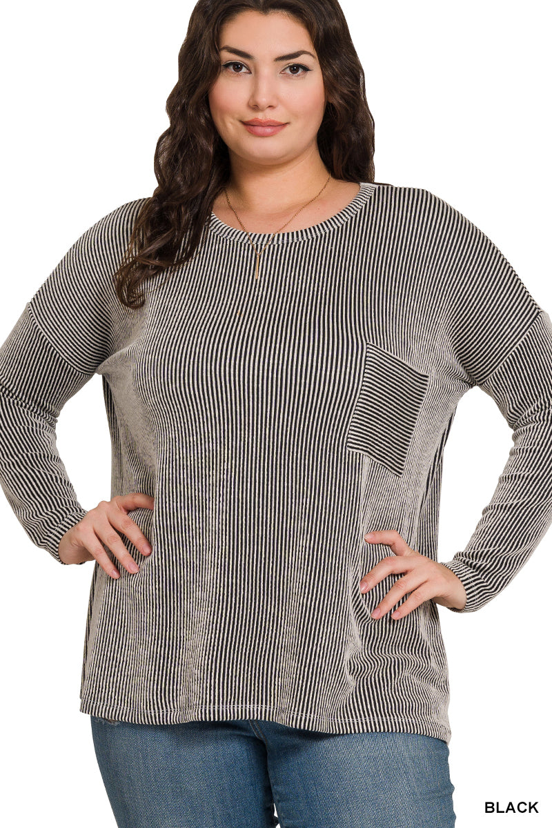 Curvy Long Sleeve Corded Pocket Top
