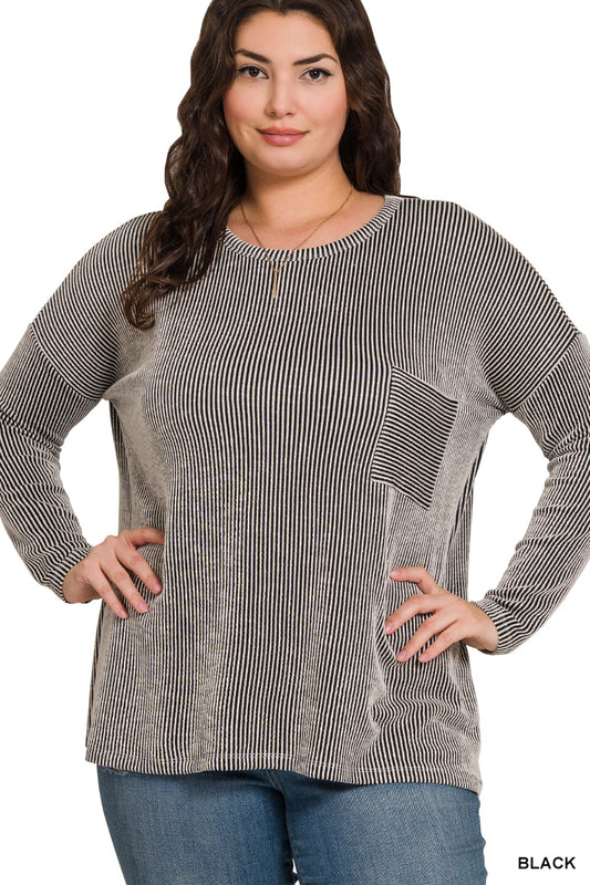 Curvy Long Sleeve Corded Pocket Top