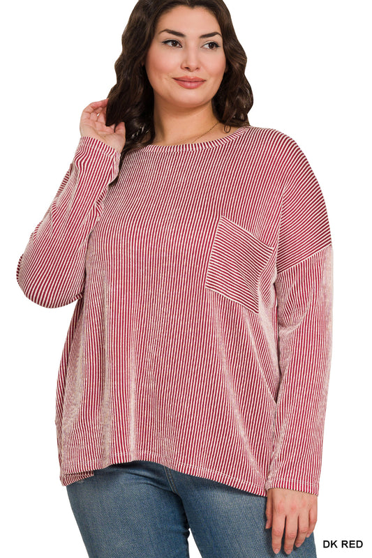 Curvy Long Sleeve Corded Pocket Top