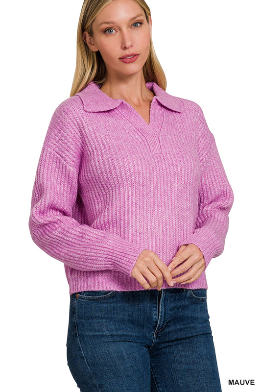 V-Neck Collared Basic Sweater
