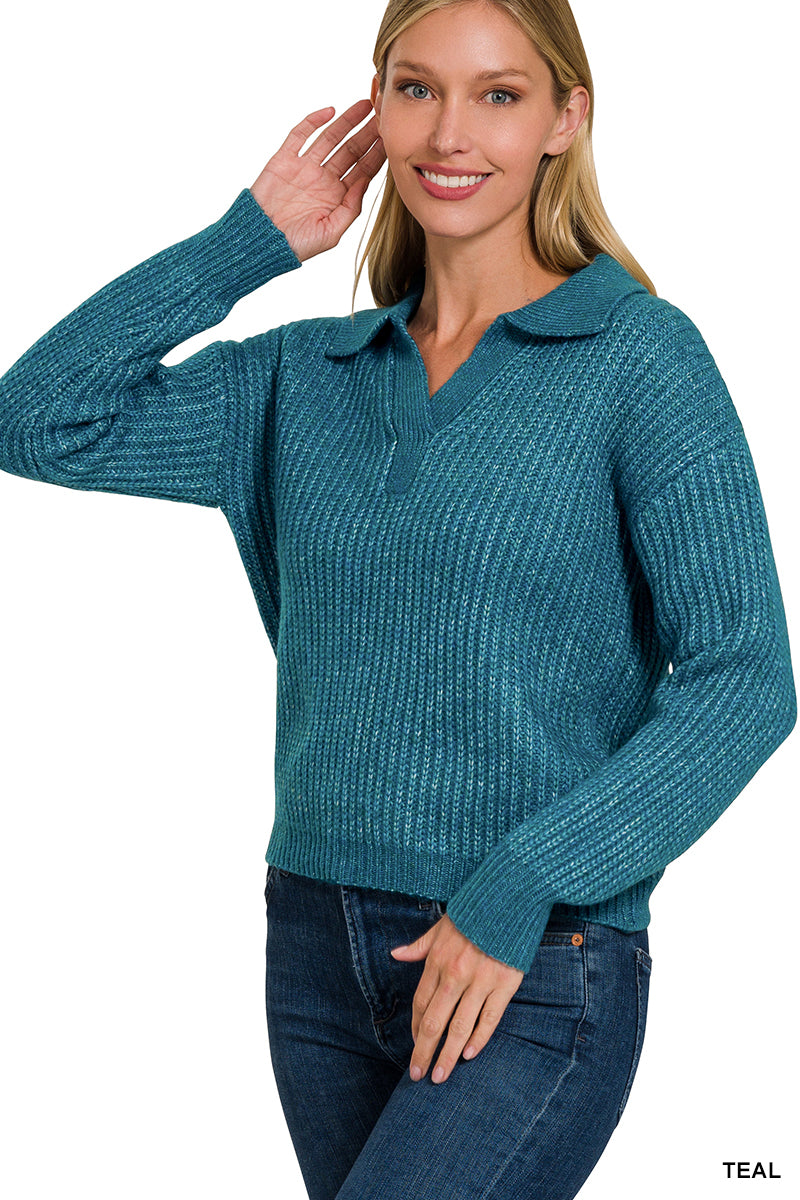 V-Neck Collared Basic Sweater