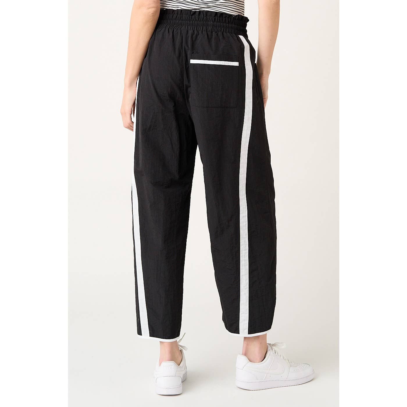 SPORTY STRIPE NYLON PULL ON BARREL LEG PANTS
