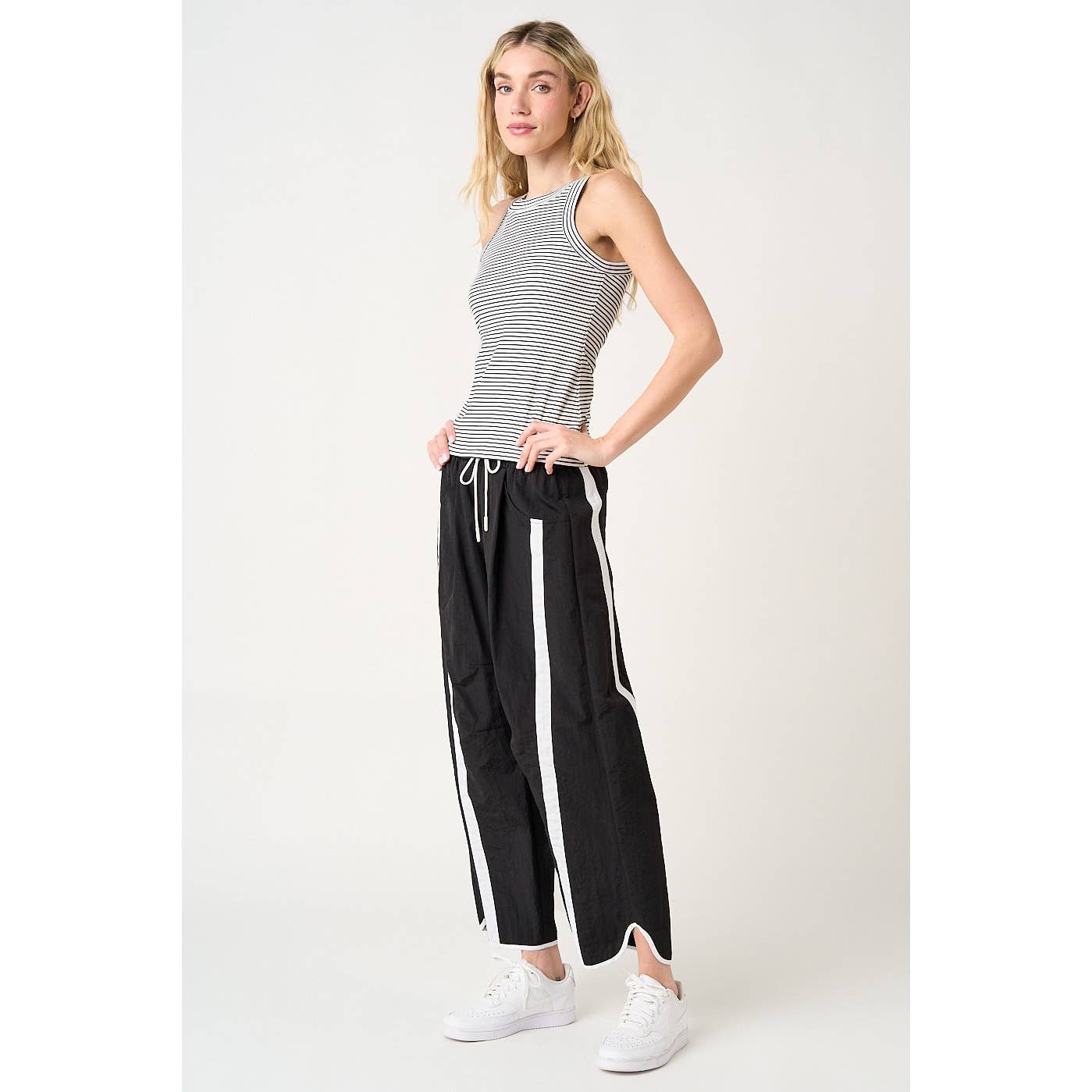 SPORTY STRIPE NYLON PULL ON BARREL LEG PANTS