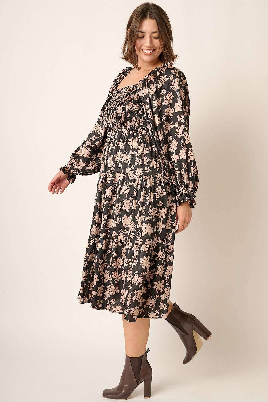 PLUS FLOWER PRINT SATIN MIDI DRESS