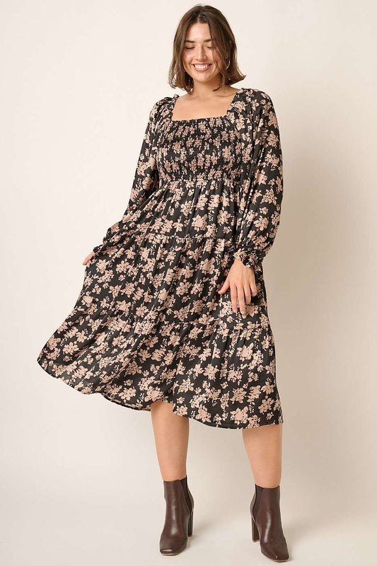 PLUS FLOWER PRINT SATIN MIDI DRESS