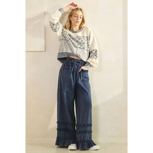 RUFFLE TRIM WIDE LEG PANTS