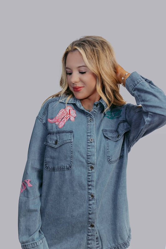 Giddy Up Embroidery Denim Button Up