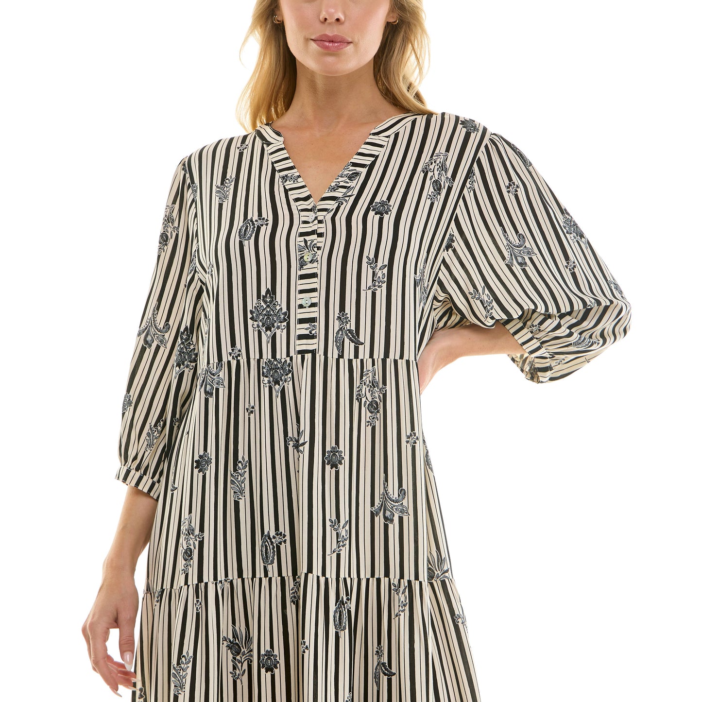 STRIPE FLORAL PEASANT MIDI DRESS