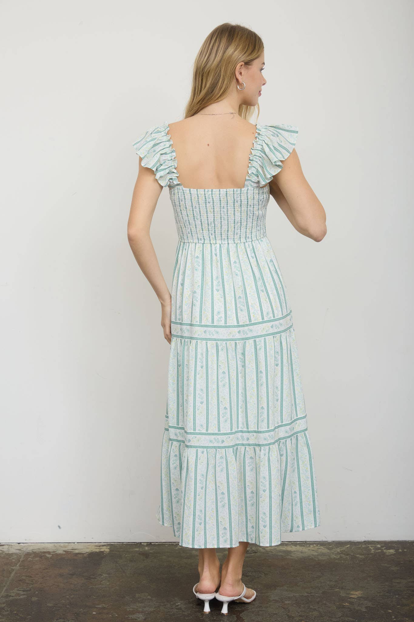Stripe Floral Pattern Smocked Tiered Mini Dress