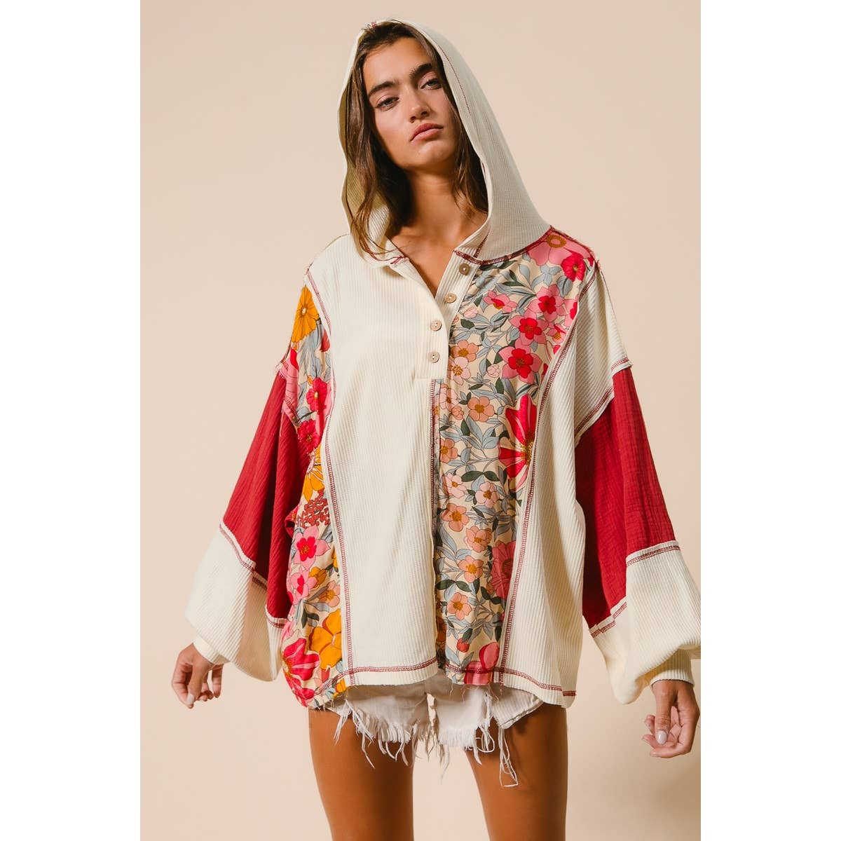 Knit and Print Mixed Hoodie